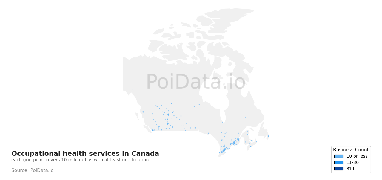 Occupational health service density map for Canada