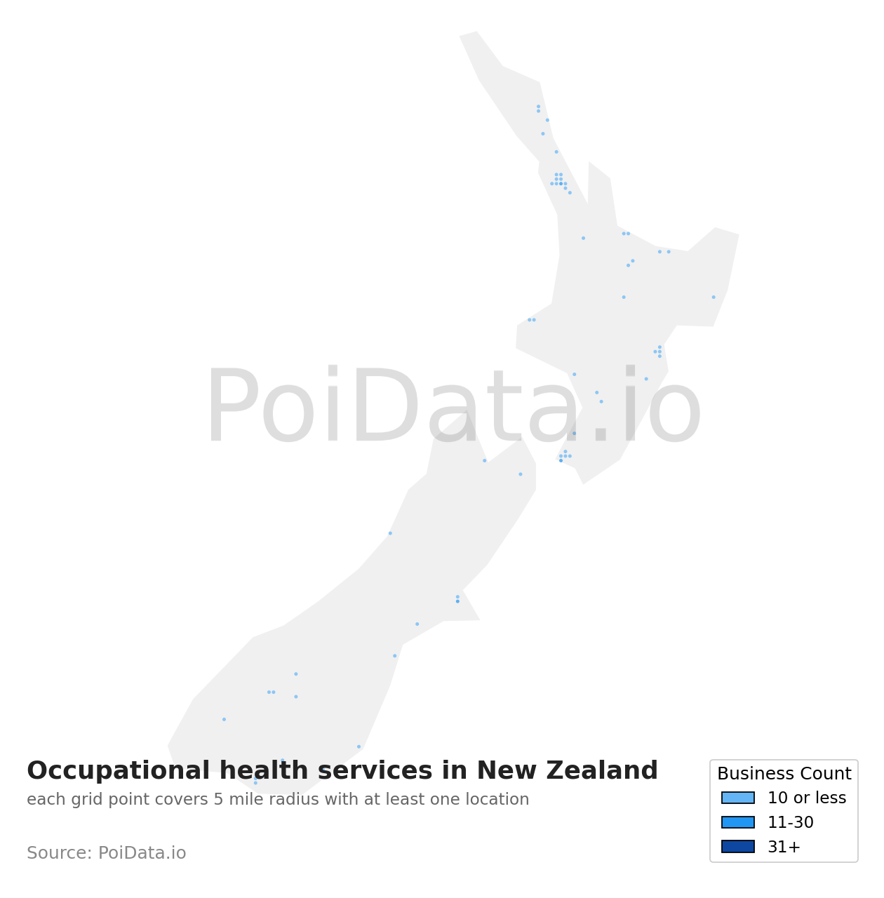 Occupational health service density map for New Zealand
