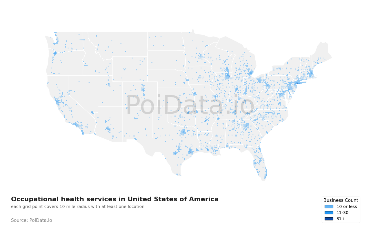Occupational health service density map for United States