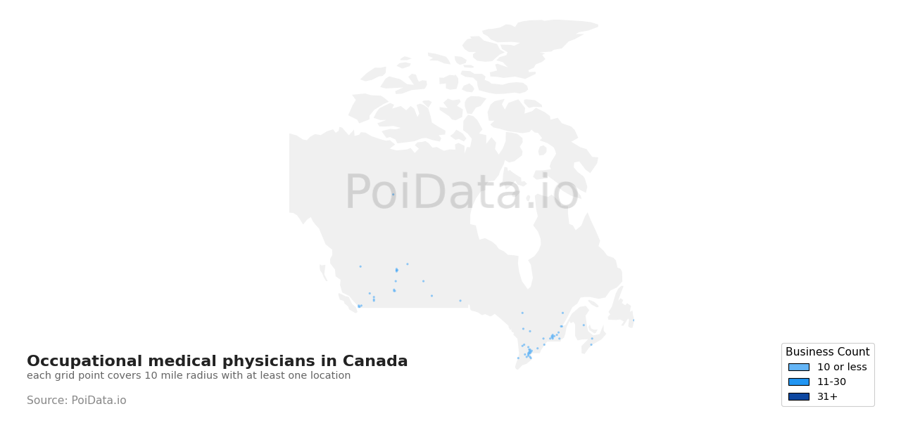 Occupational medical physician density map for Quebec, Canada