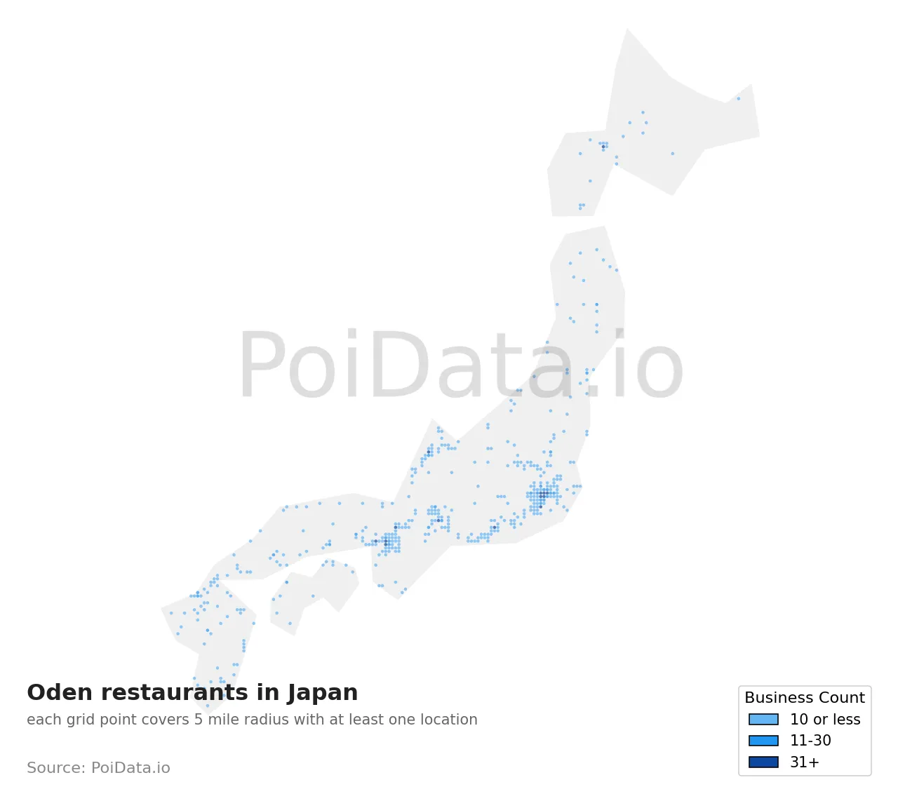 Oden restaurant density map for Japan