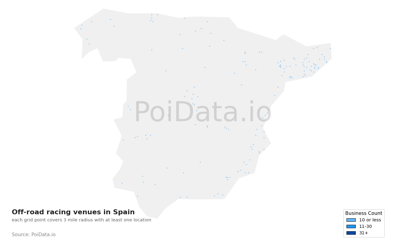 Off-road racing venue density map for Spain