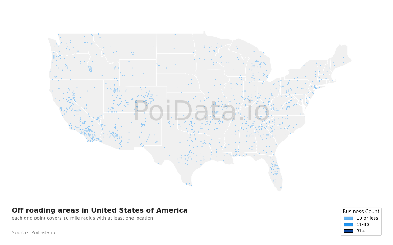 Off roading area density map for United States