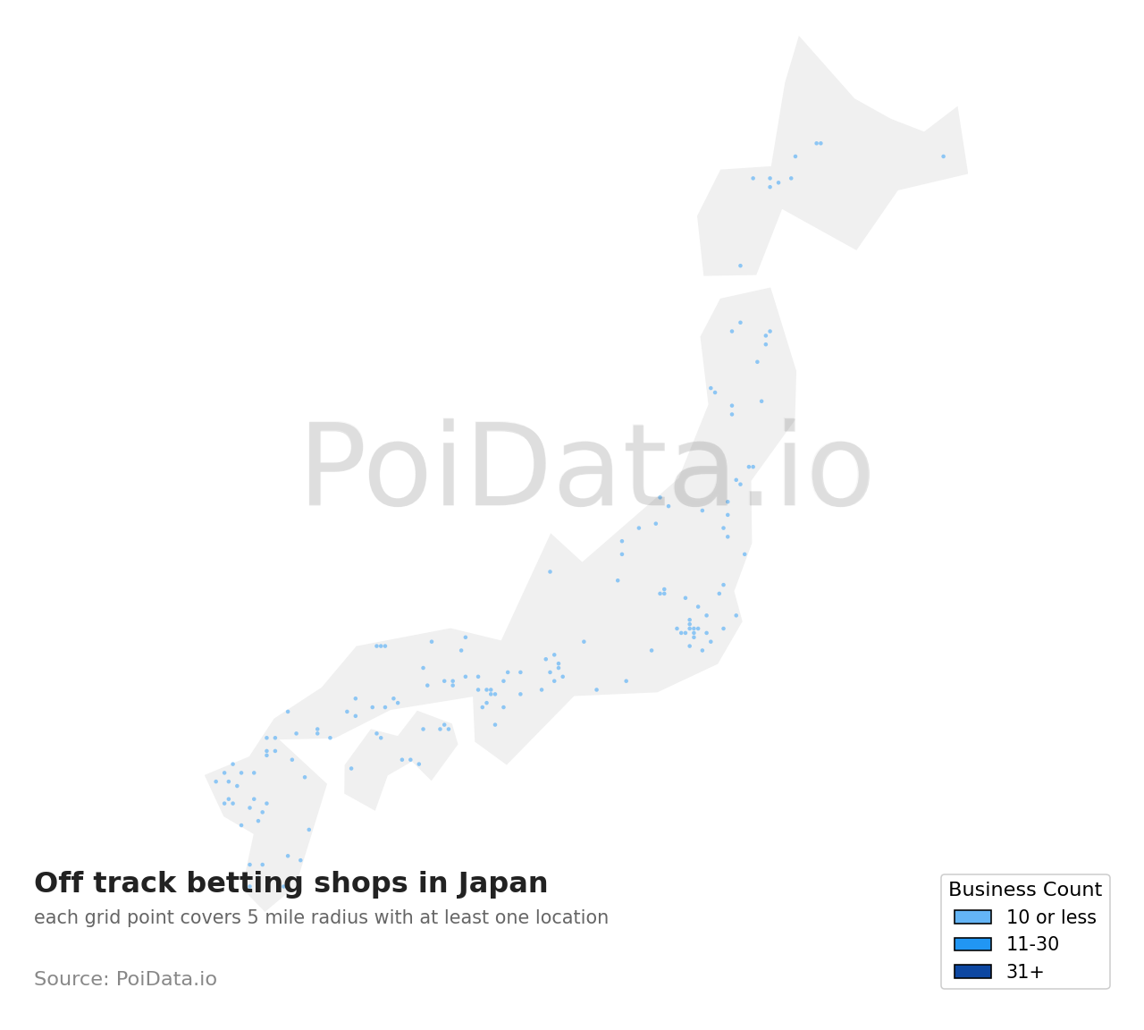 Off track betting shop density map for Japan