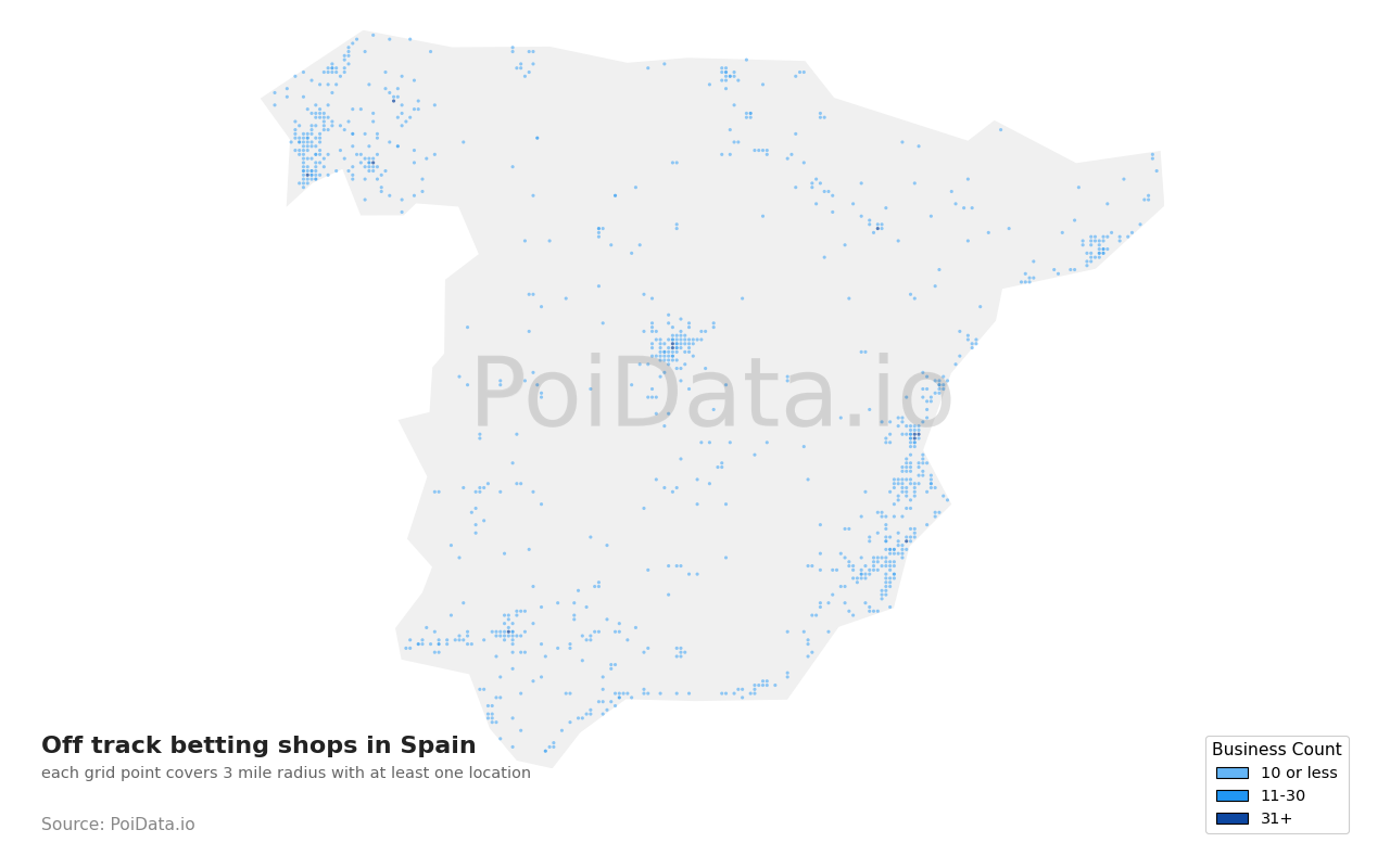 Off track betting shop density map for Spain