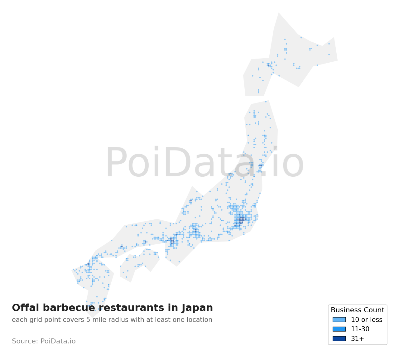 Offal barbecue restaurant density map for Fukuoka, Japan