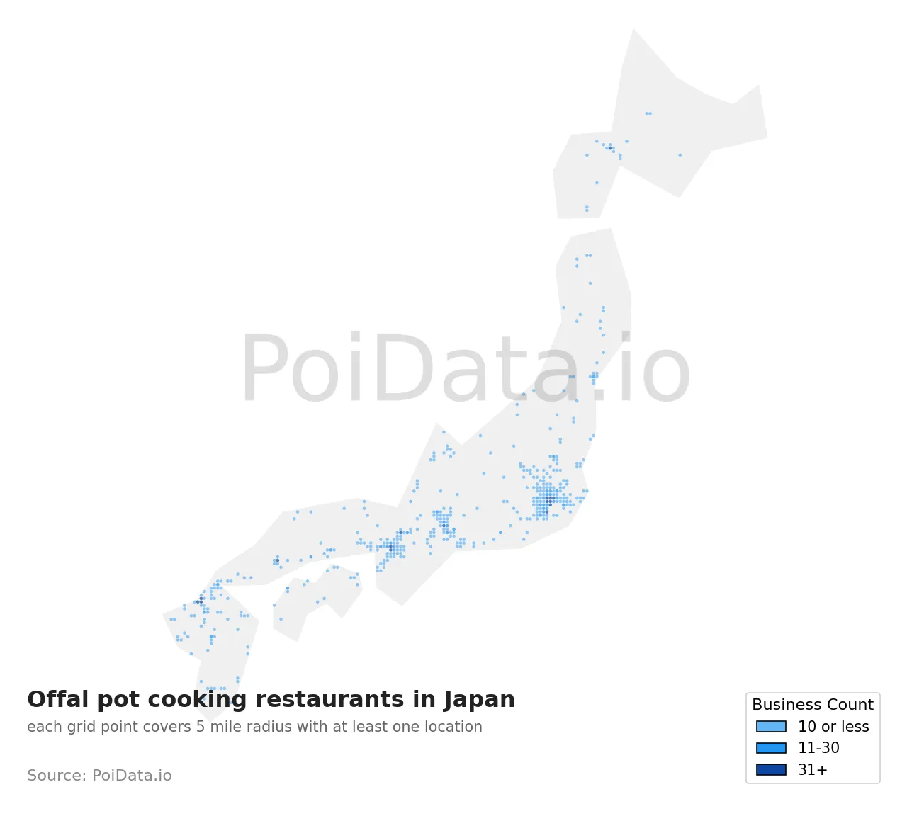 Offal pot cooking restaurant density map for Japan