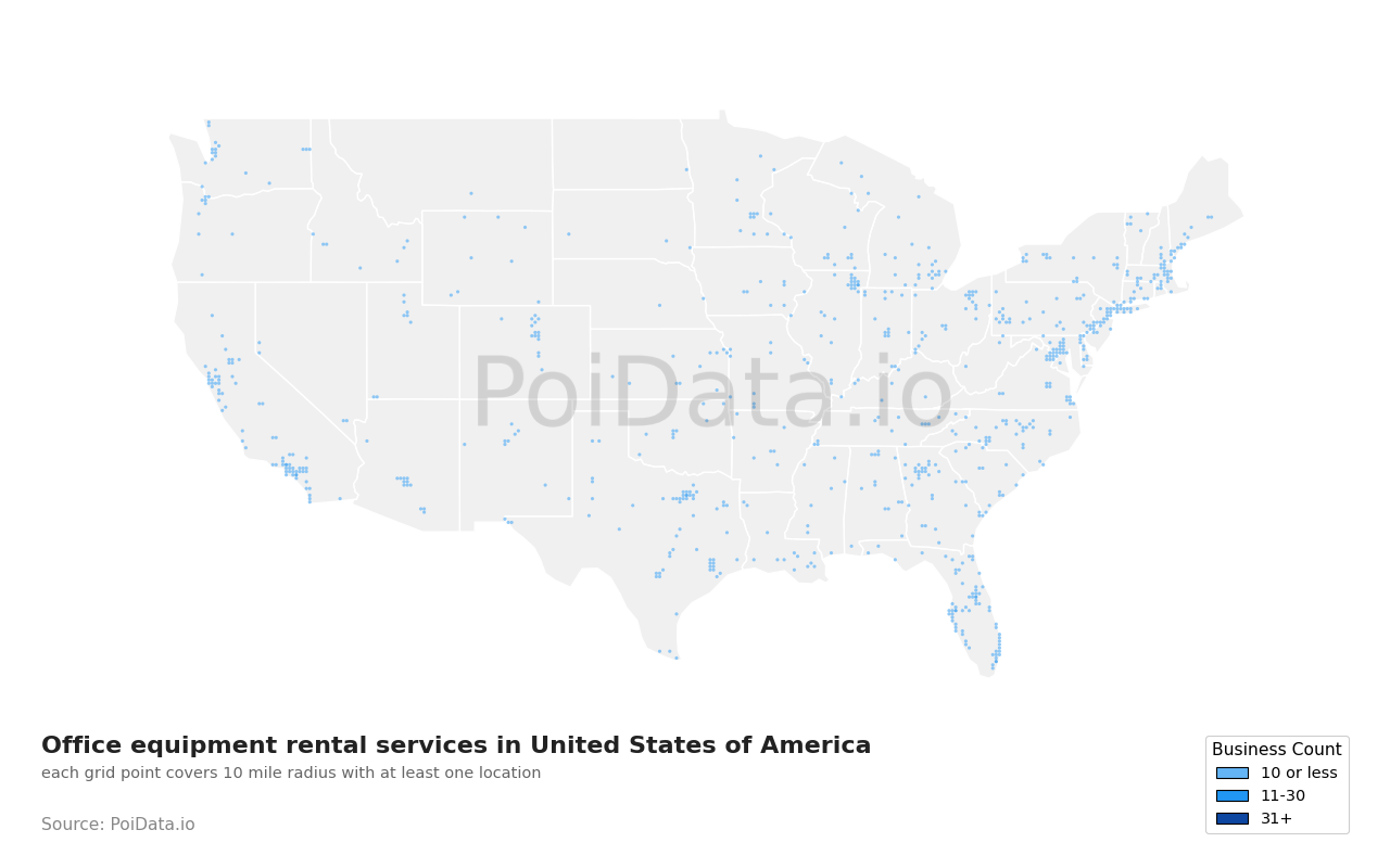 Office equipment rental service density map for United States