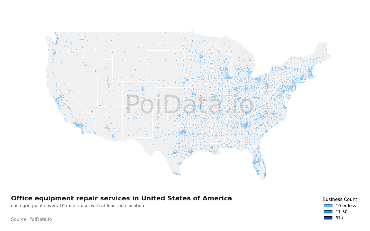 Office equipment repair service density map for Ohio, United States