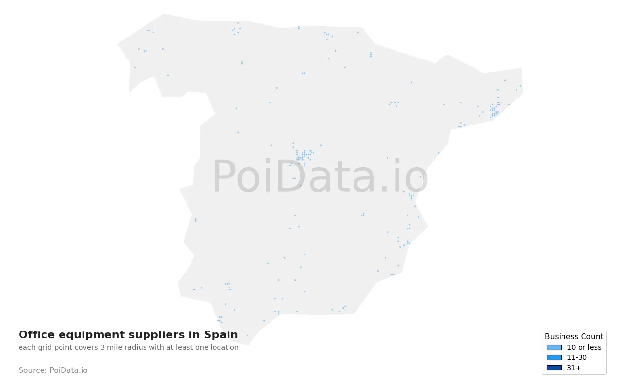 Office equipment supplier density map for Spain