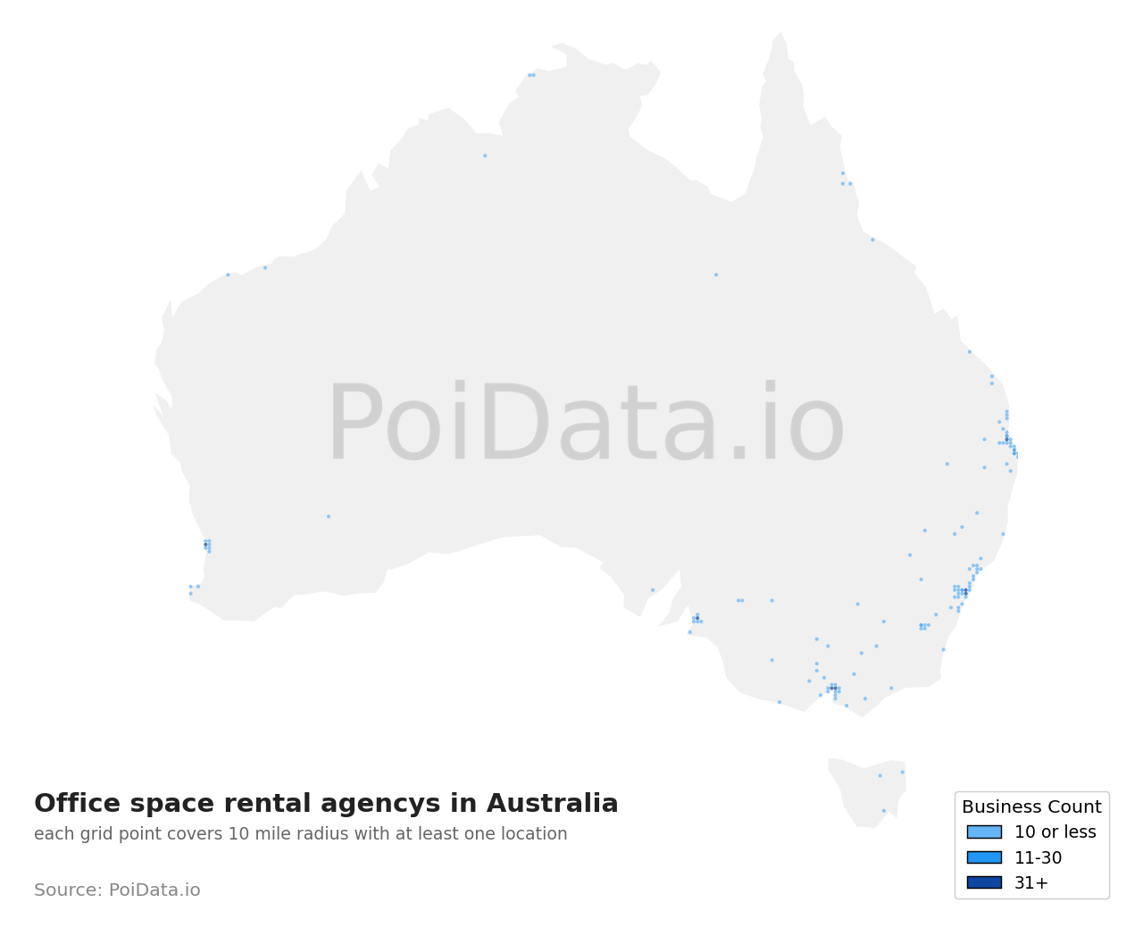Office space rental agency density map for Australia