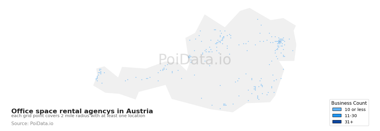 Office space rental agency density map for Austria