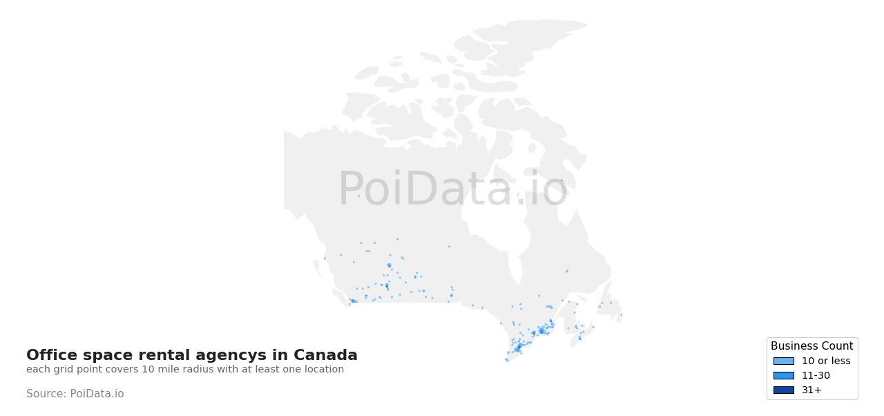 Office space rental agency density map for Canada