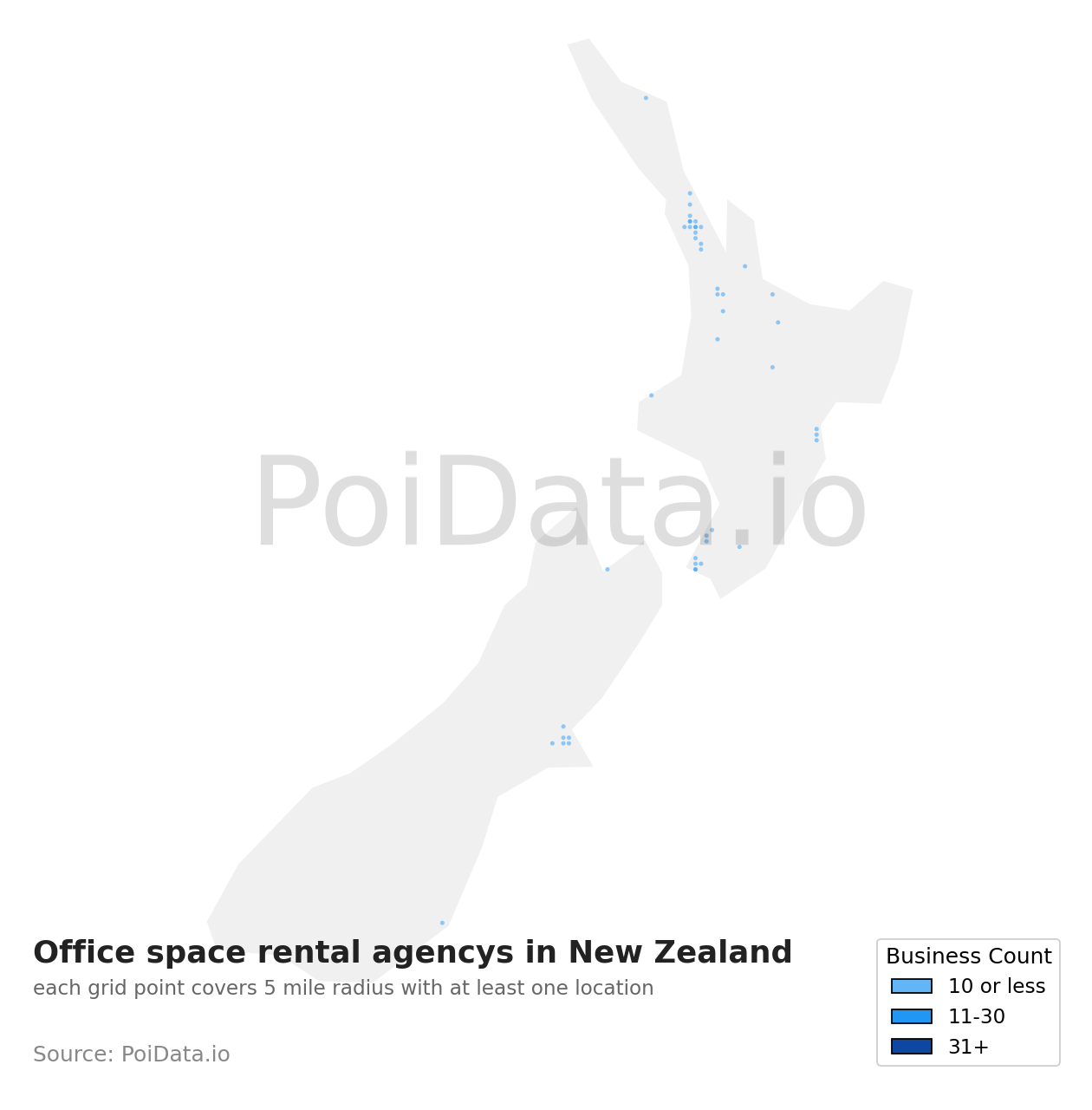 Office space rental agency density map for New Zealand