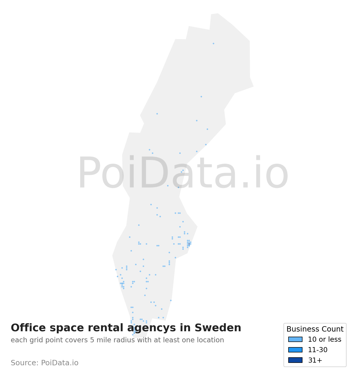 Office space rental agency density map for Sweden