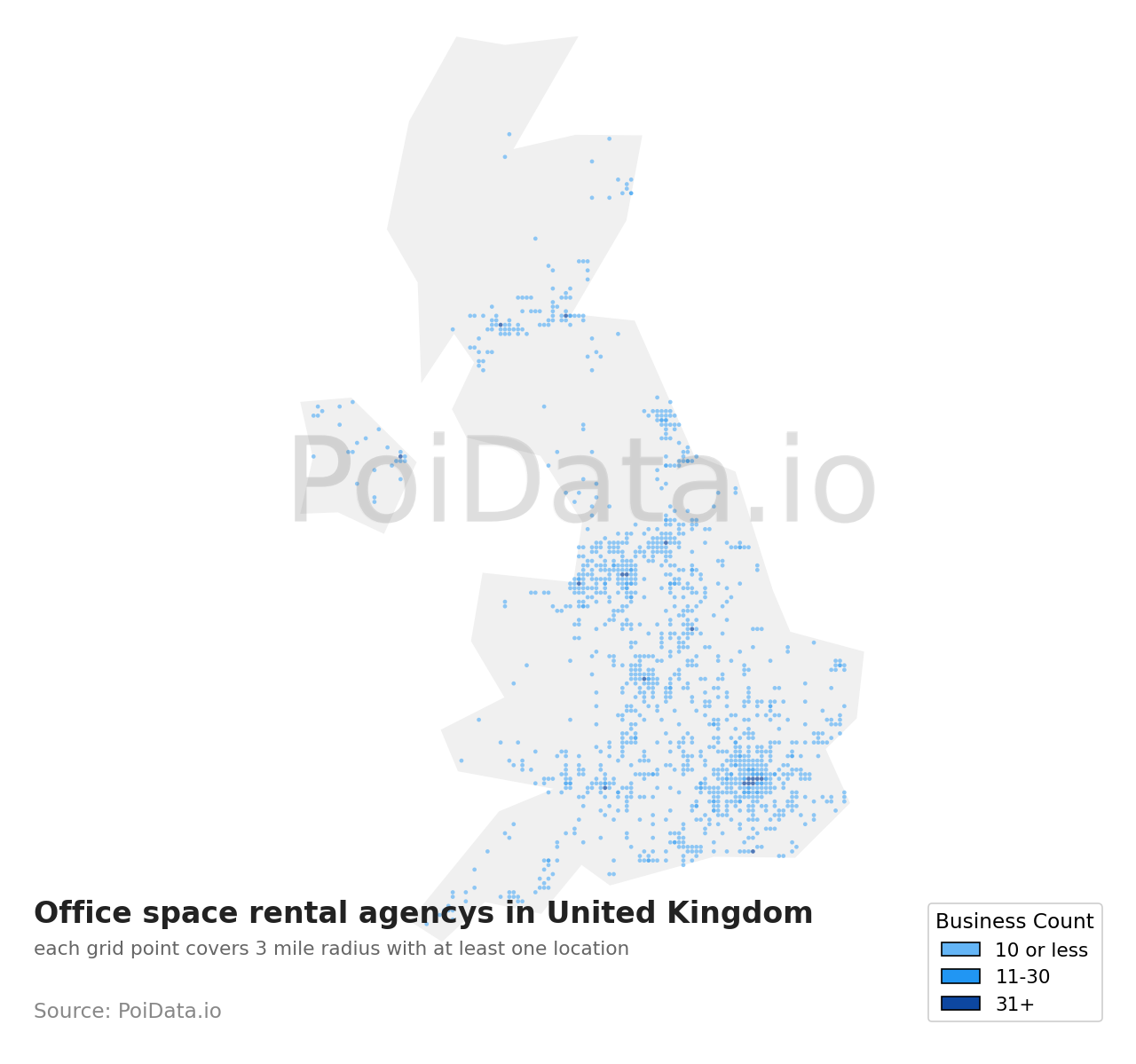 Office space rental agency density map for United Kingdom