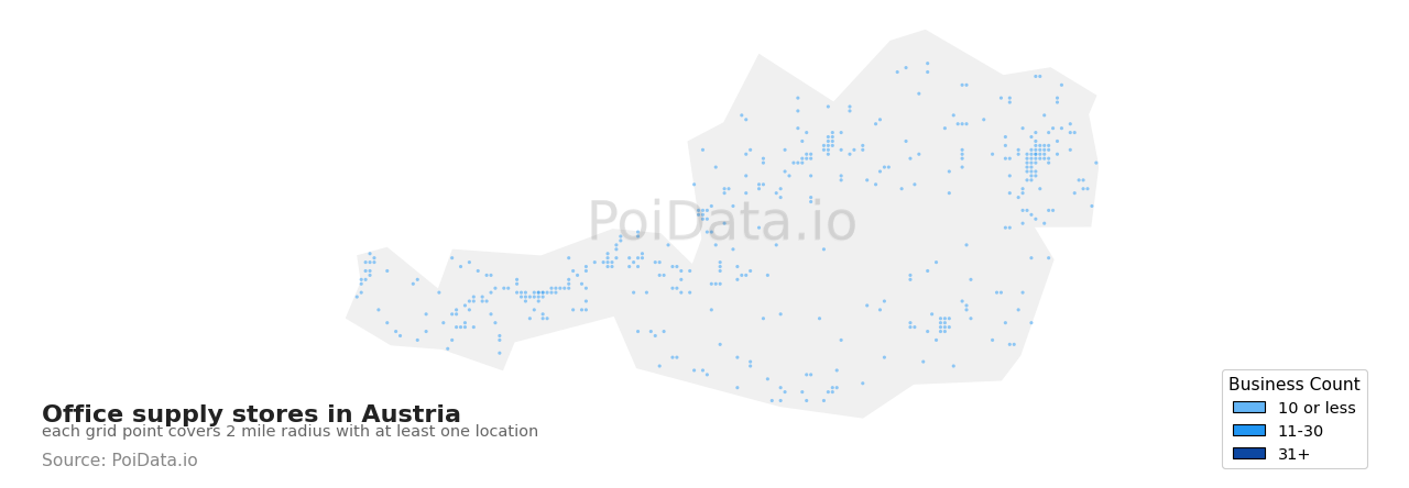 Office supply store density map for Austria