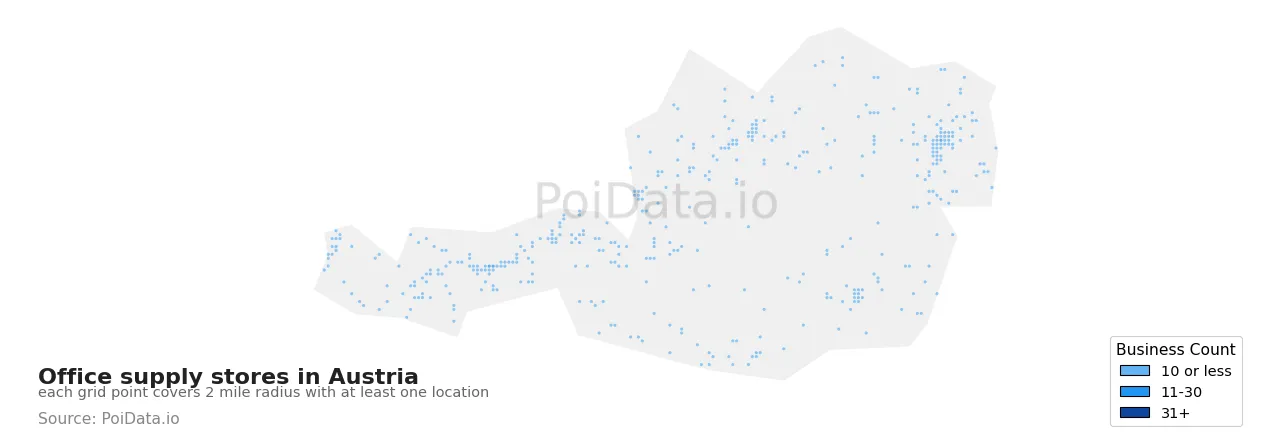 Office supply store density map for Austria