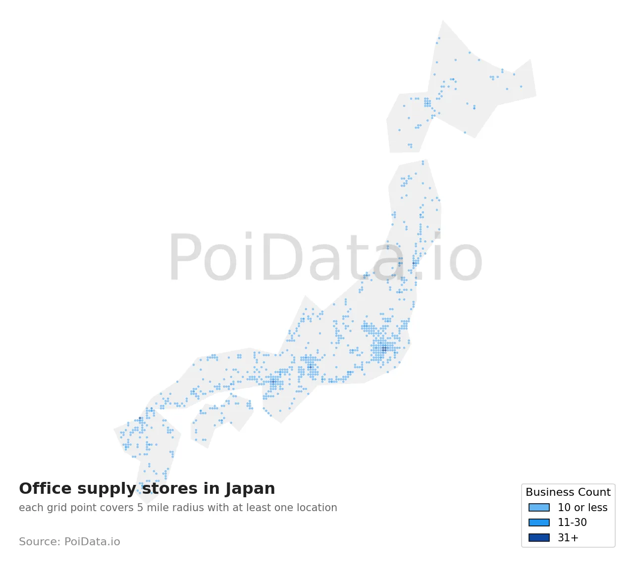 Office supply store density map for Japan