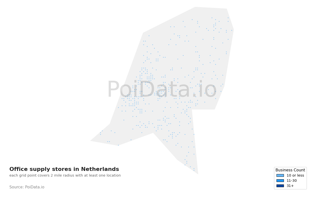 Office supply store density map for Netherlands