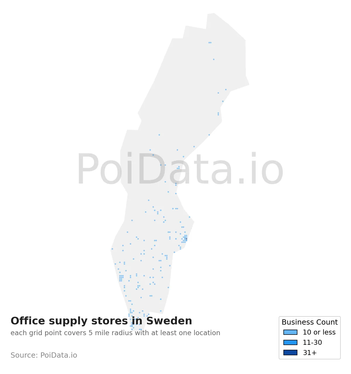 Office supply store density map for Sweden