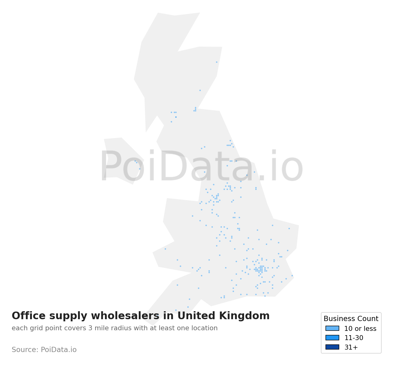 Office supply wholesaler density map for United Kingdom