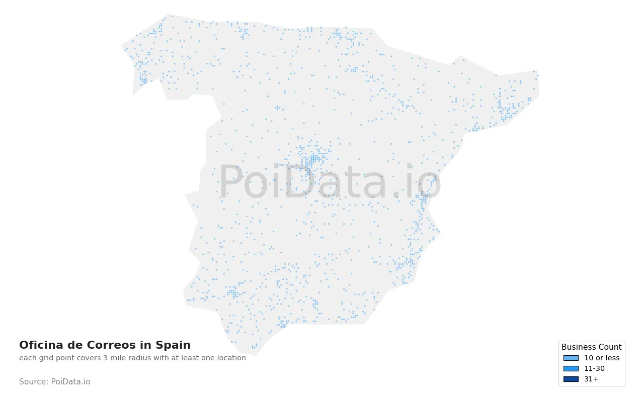 Oficina de Correos density map for Spain