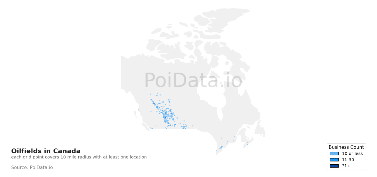 Oilfield density map for Alberta, Canada
