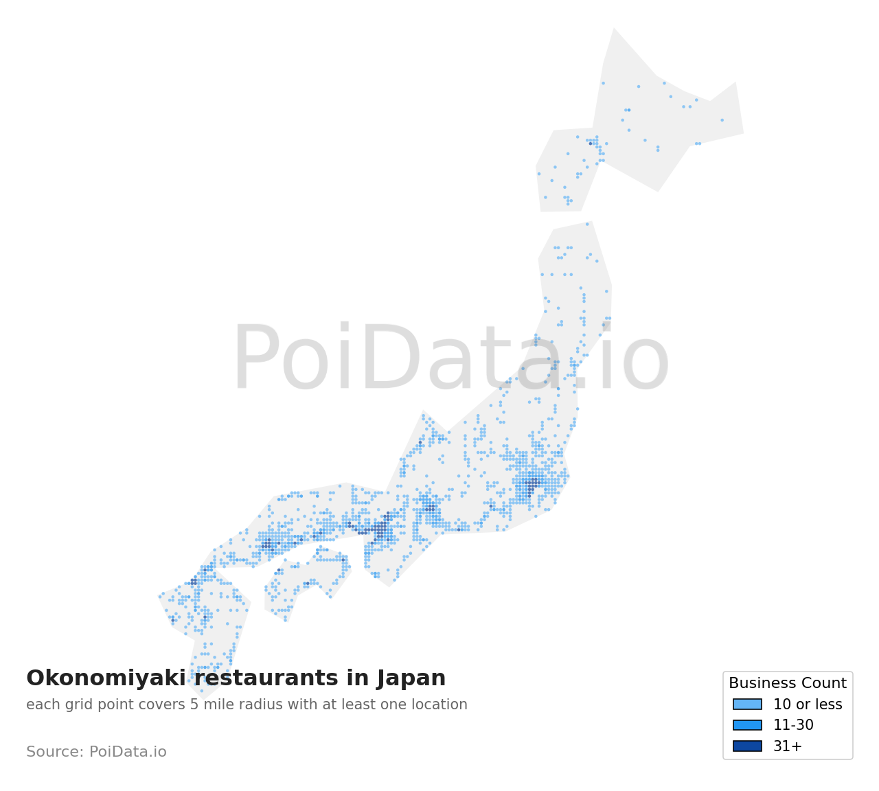 Okonomiyaki restaurant density map for Aichi, Japan