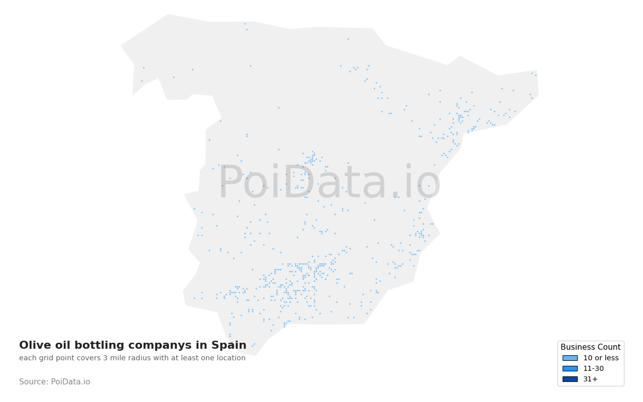 Olive oil bottling company density map for Spain