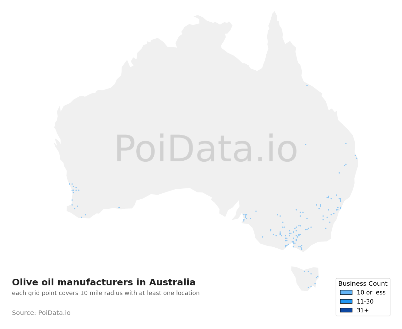 Olive oil manufacturer density map for South Australia, Australia