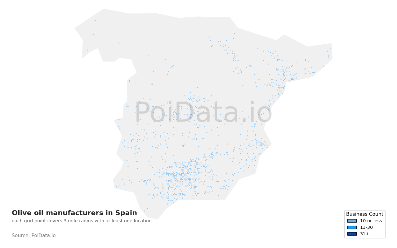Olive oil manufacturer density map for Spain