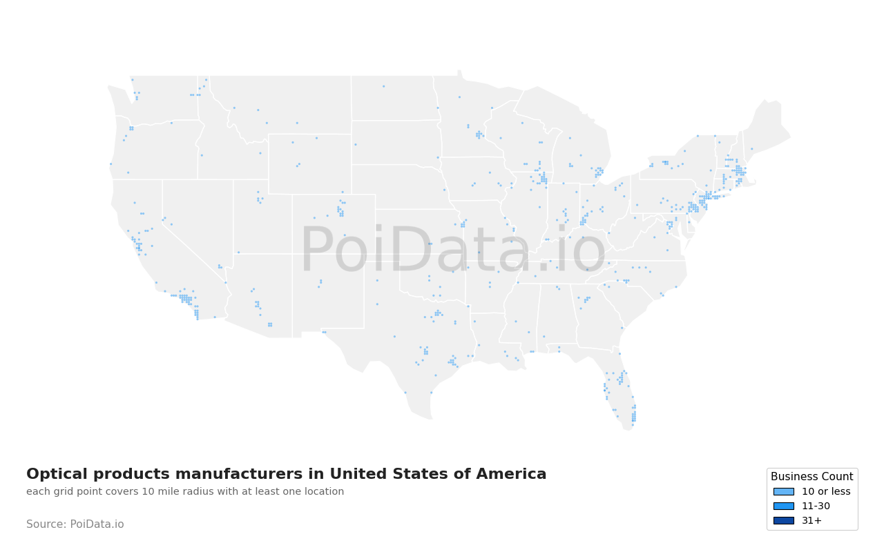 Optical products manufacturer density map for United States