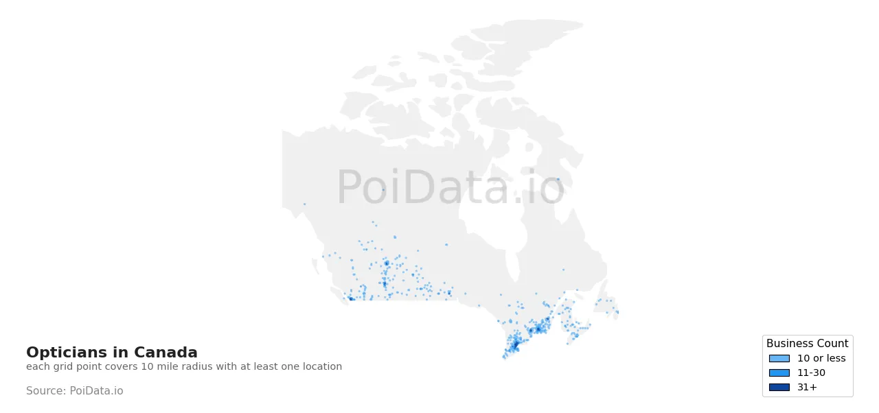Optician density map for Canada