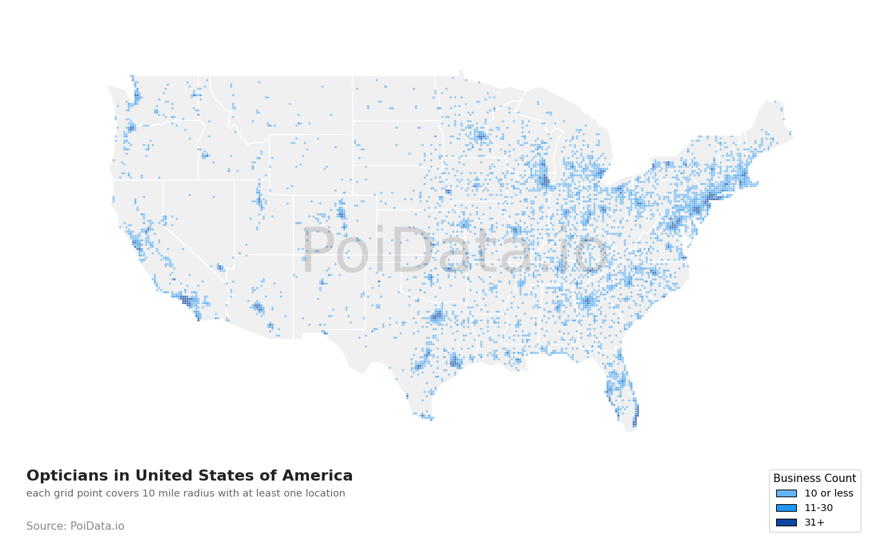 Optician density map for Texas, United States