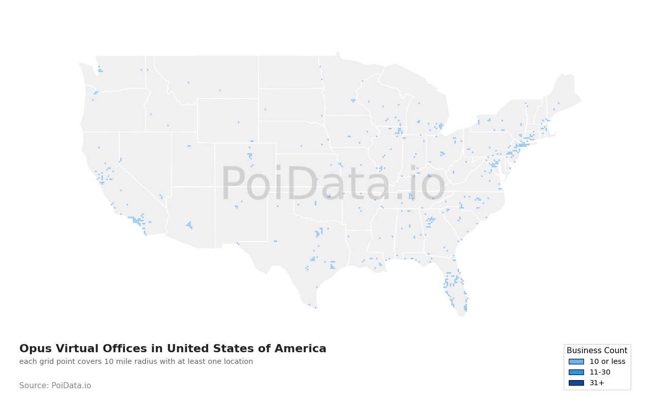 Opus Virtual Offices density map for United States