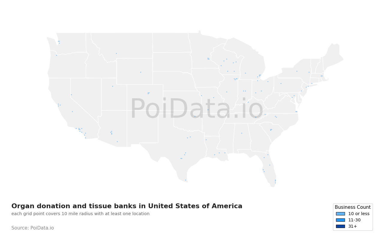 Organ donation and tissue bank density map for Arizona, United States