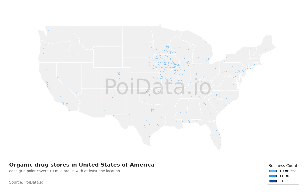 Organic drug store density map for Minnesota, United States