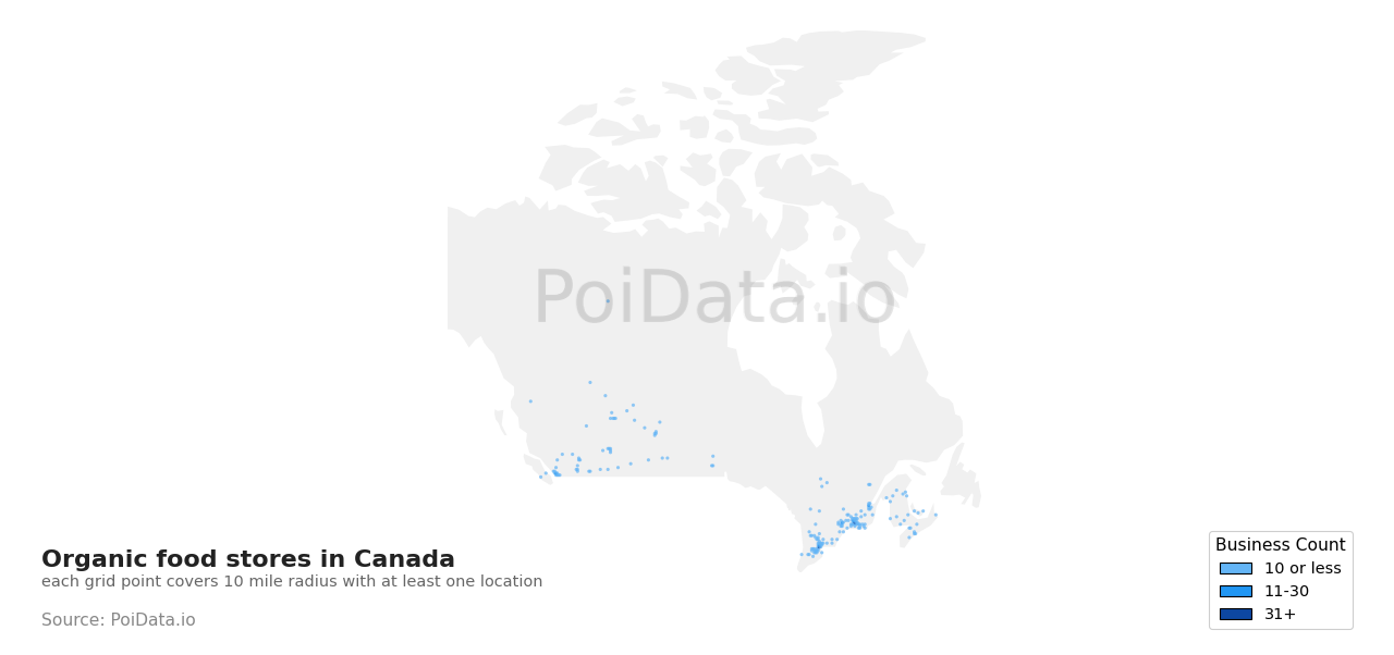 Organic food store density map for Canada