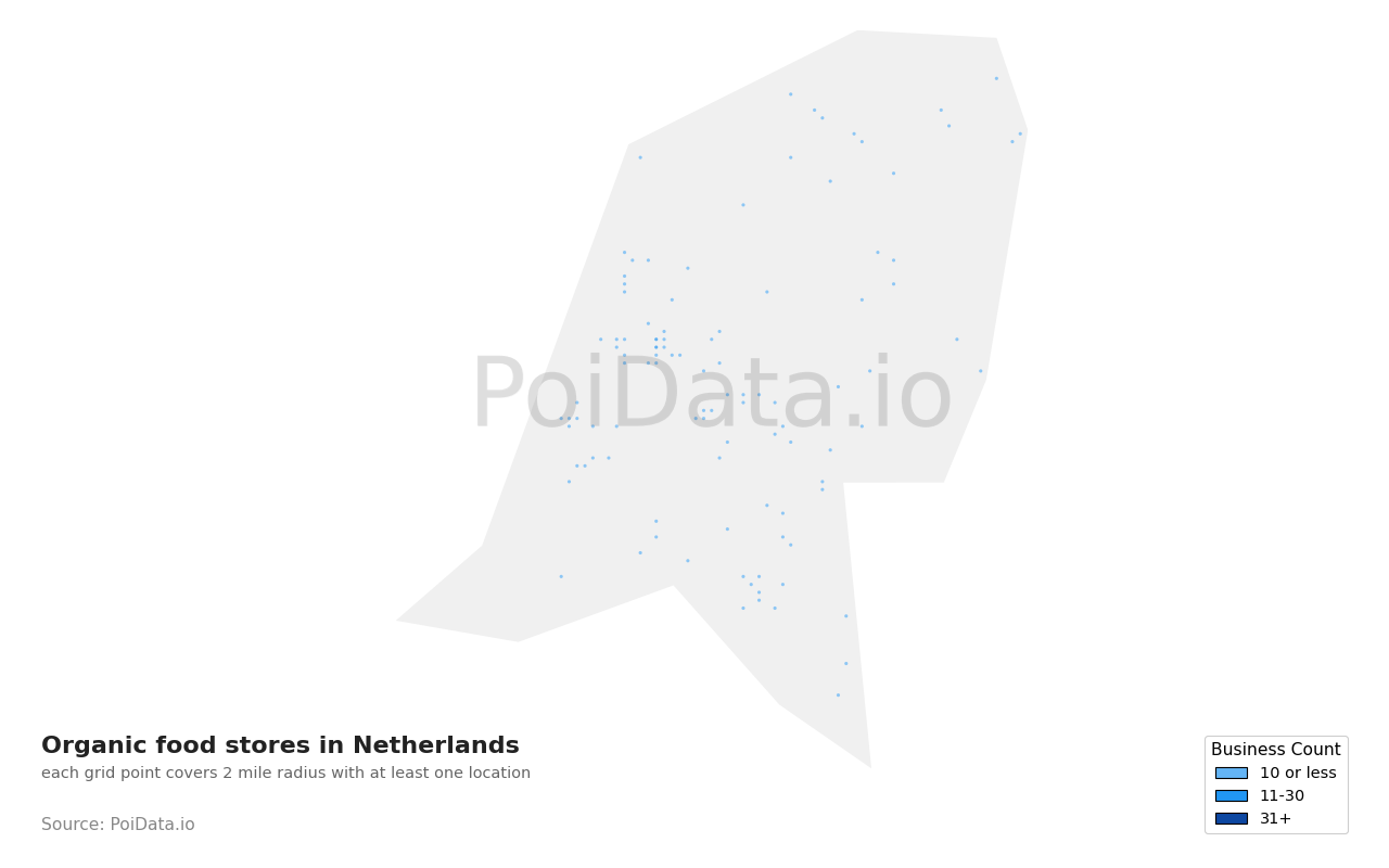 Organic food store density map for Netherlands