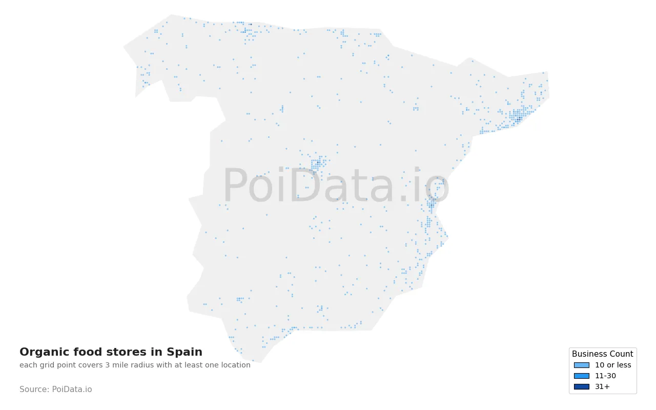 Organic food store density map for Spain