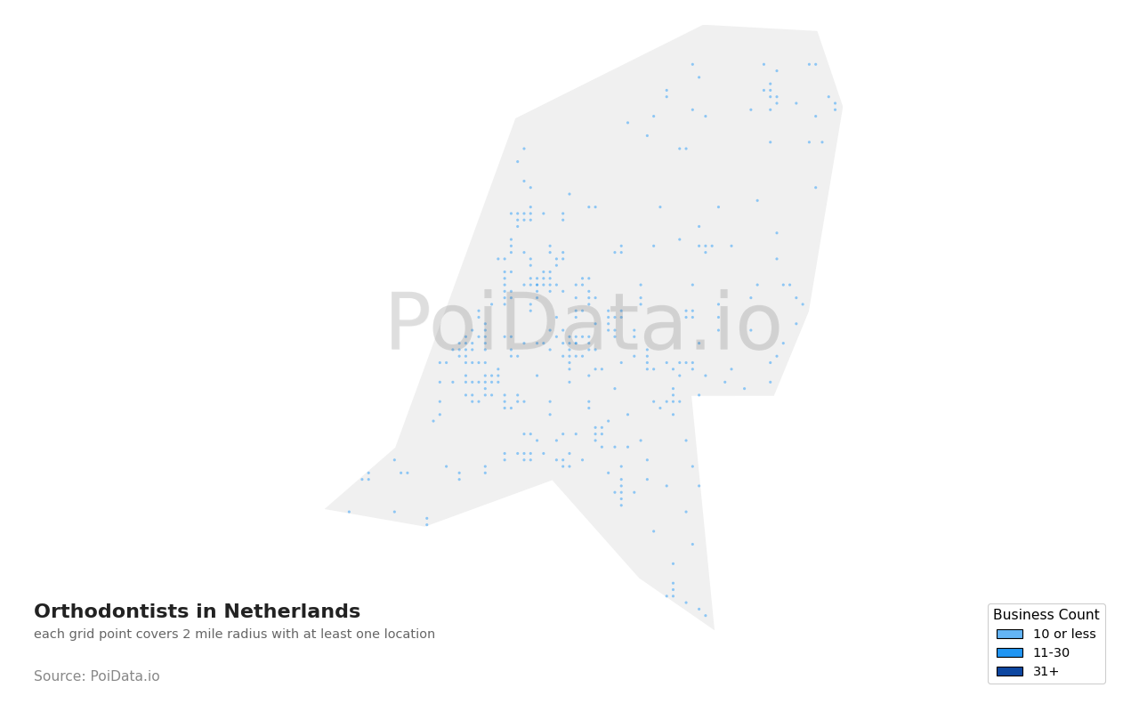 Orthodontist density map for Netherlands