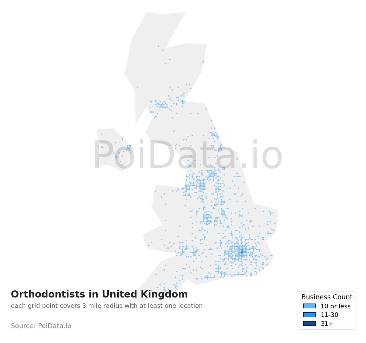 Orthodontist density map for United Kingdom