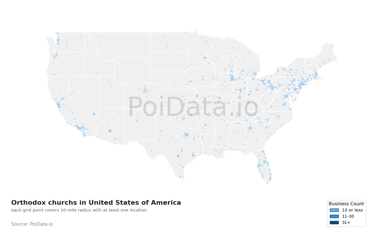 Orthodox church density map for California, United States