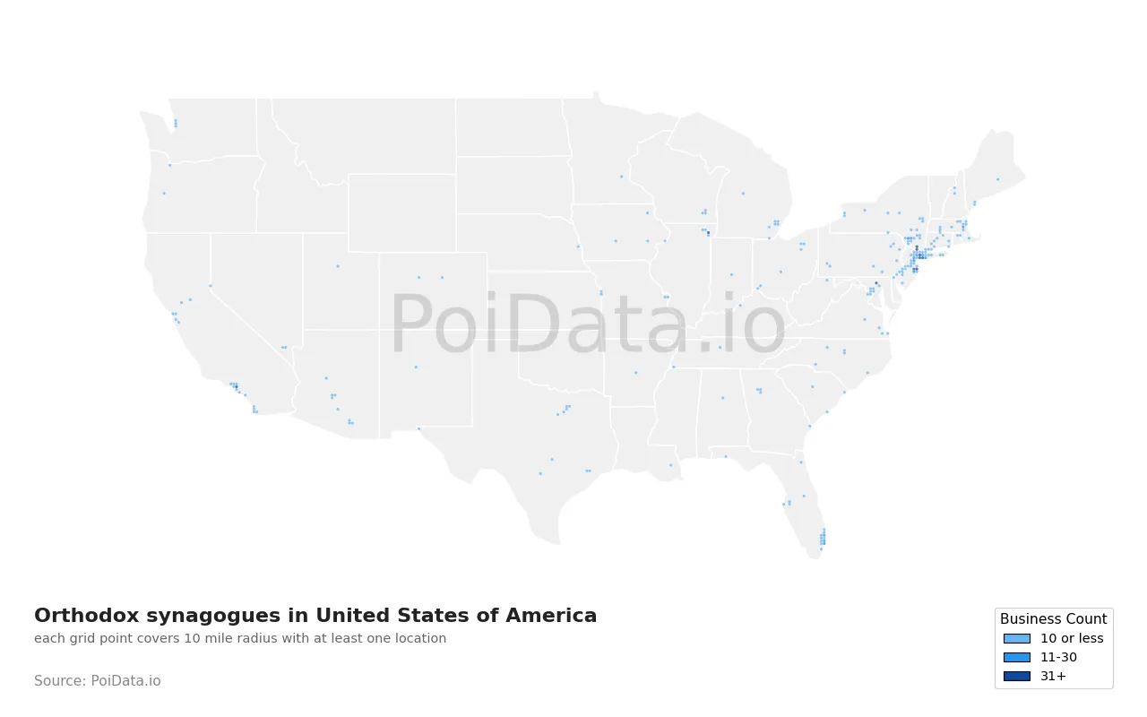 Orthodox synagogue density map for United States