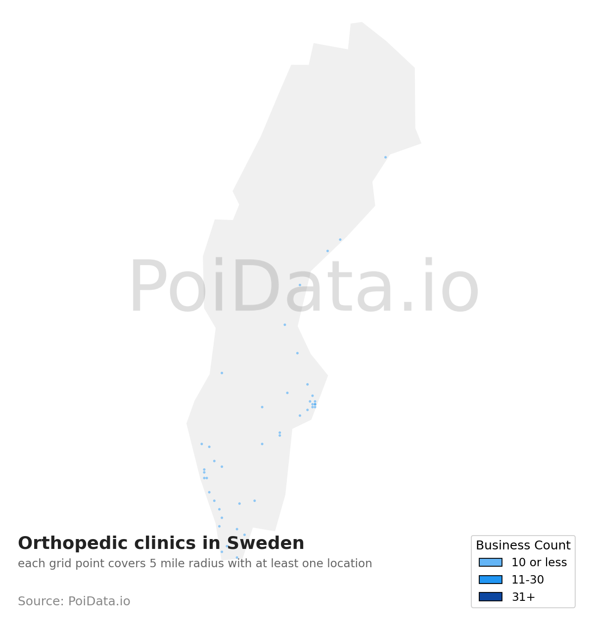 Orthopedic clinic density map for Sweden