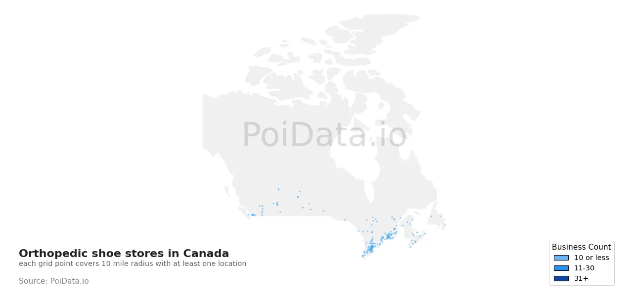 Orthopedic shoe store density map for Canada