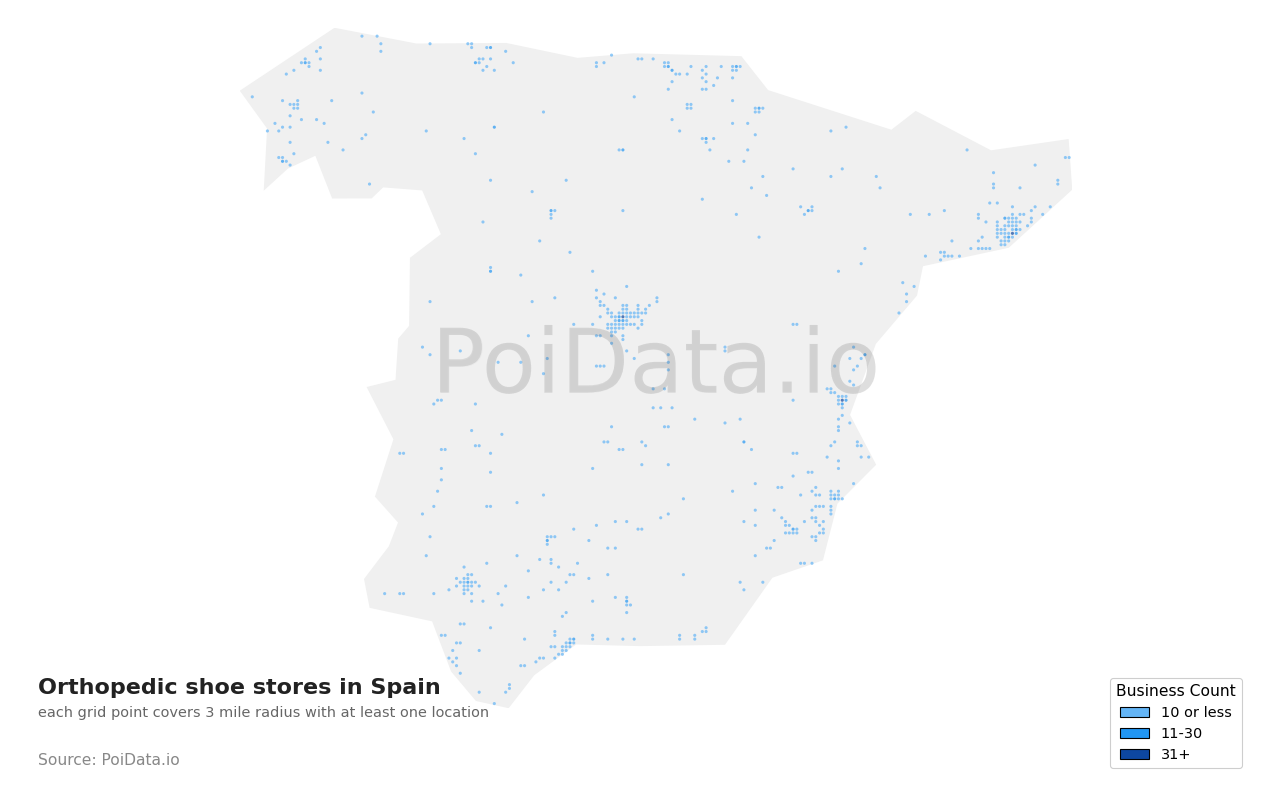 Orthopedic shoe store density map for Spain