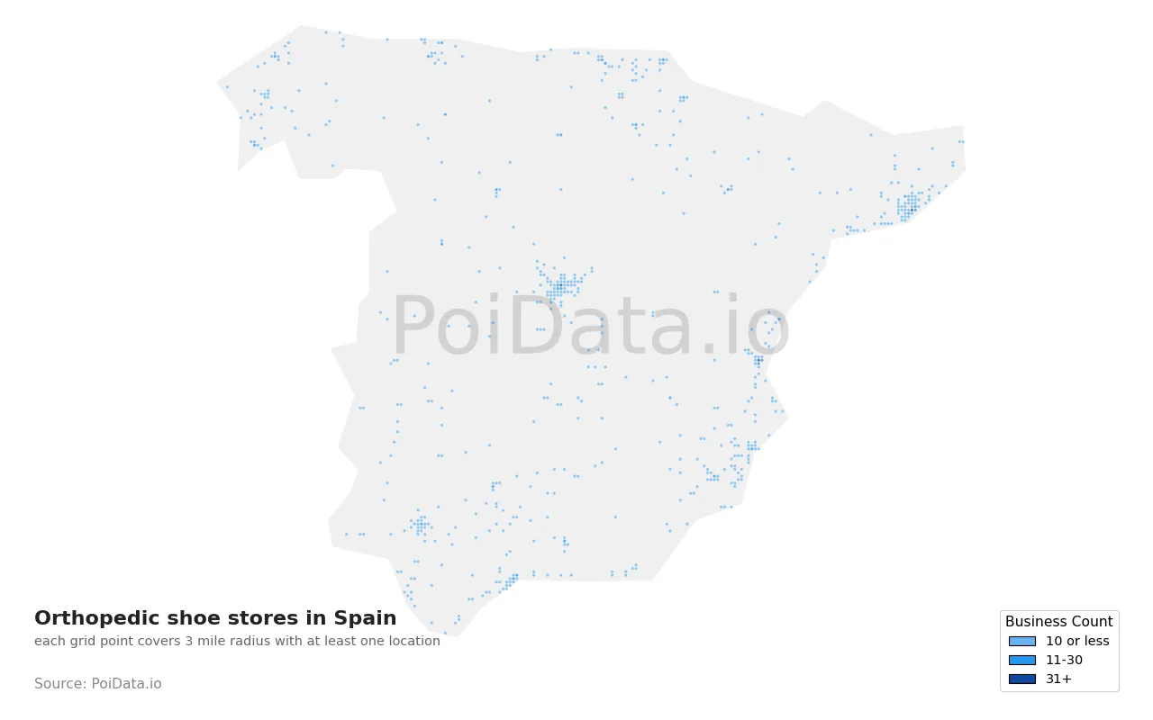 Orthopedic shoe store density map for Spain
