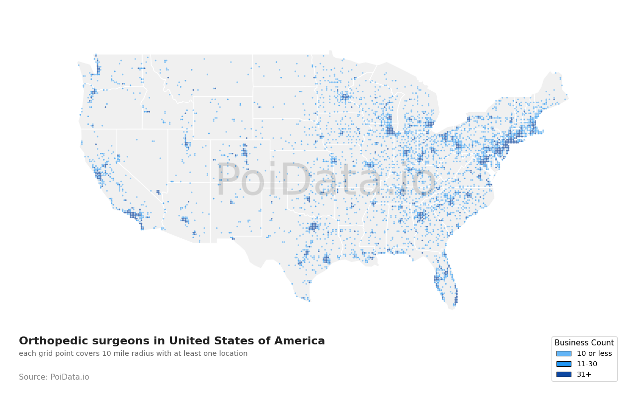 Orthopedic surgeon density map for Pennsylvania, United States